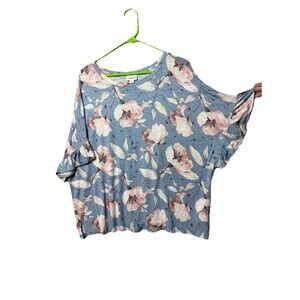 Lularoe Woman’s 2XL Shirt Blouse Light Blue W/Flowers Short Ruffled Sleeves